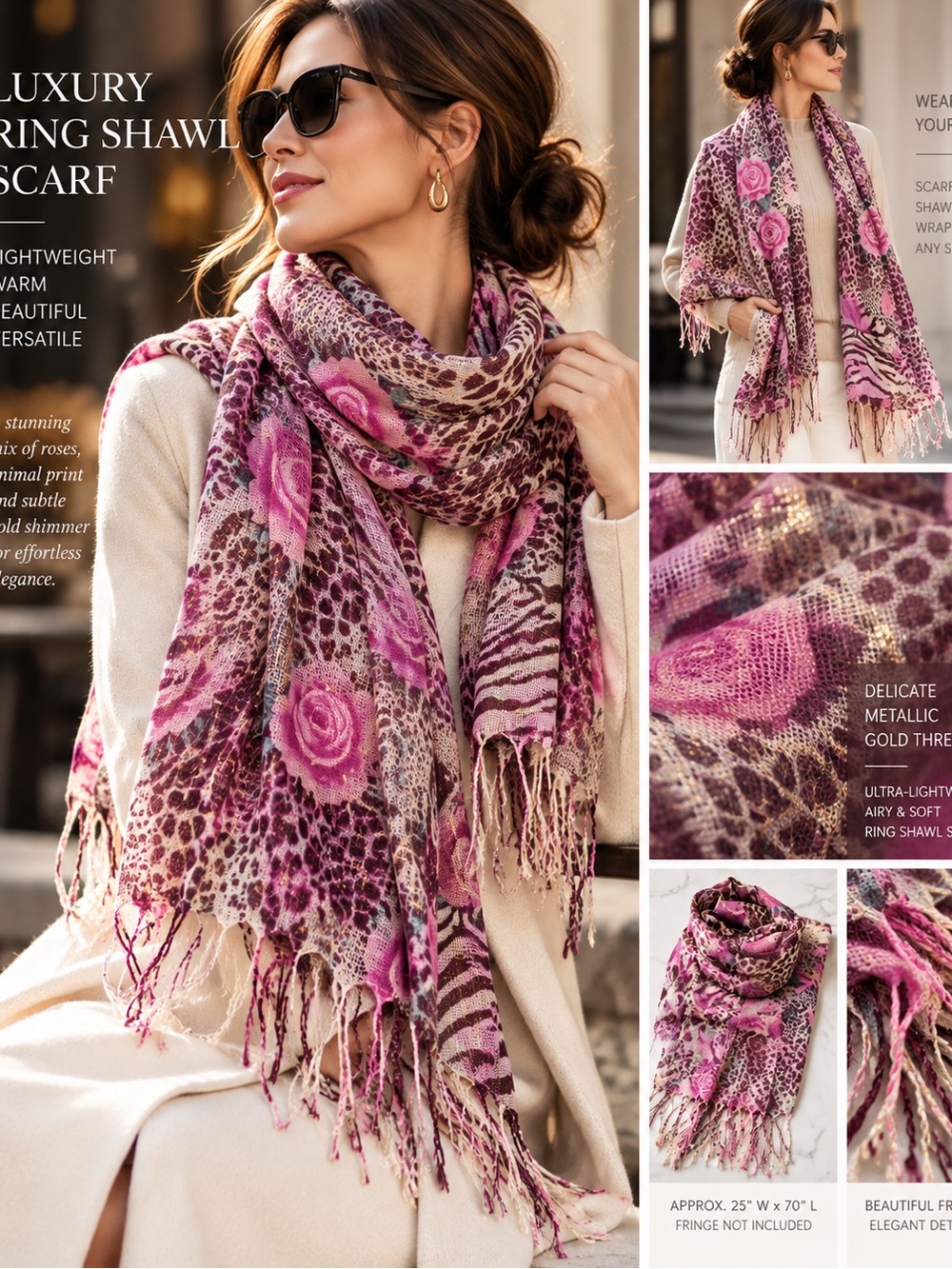 Luxury Lightweight Ring Shawl Scarf Rose Animal Print Metallic Shimmer 25x70